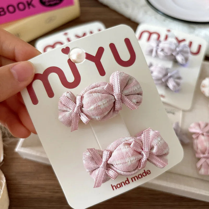 Korean Kids Hair Clips Set 2pcs Candy Color Fabric Plaid Bangs Press Clips + Floral Bows Hair Ties Non Slip Hair Accessories