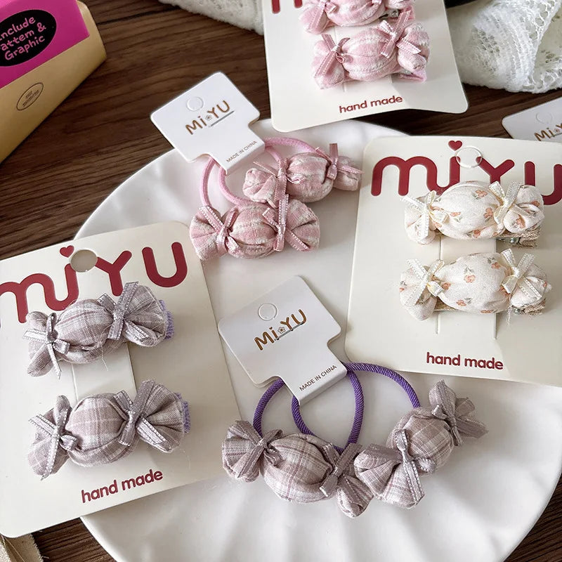 Korean Kids Hair Clips Set 2pcs Candy Color Fabric Plaid Bangs Press Clips + Floral Bows Hair Ties Non Slip Hair Accessories